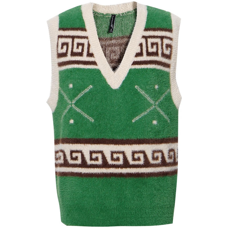 OUNIXUE欧昵雪 | [仿水貂毛毛衣背心]秋冬季时尚撞色V领宽松无袖针织衫女