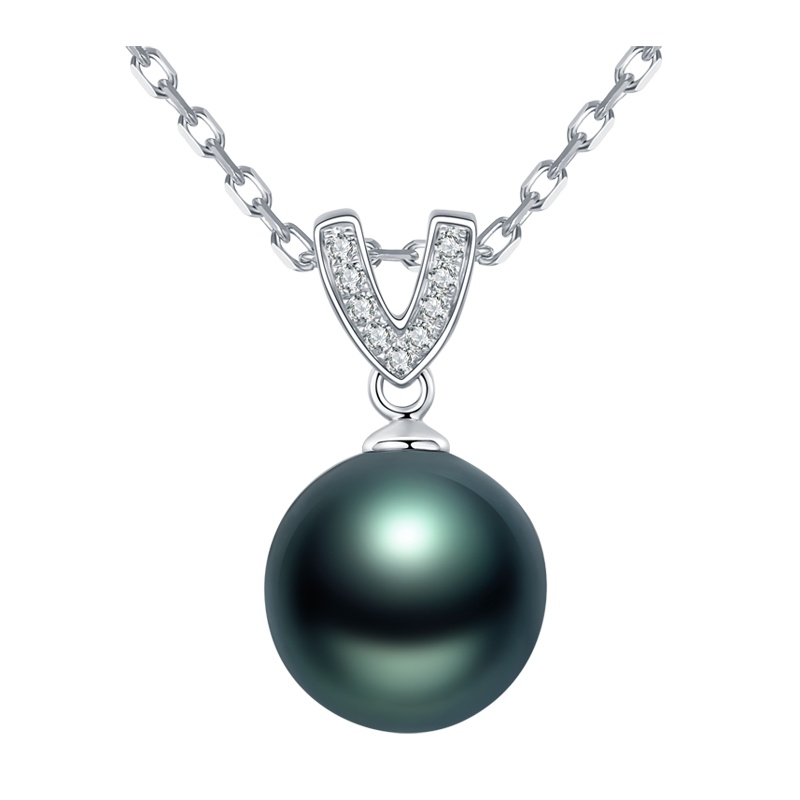 brir佰色传情9-10mm正圆大溪地黑海水珍珠吊坠正品女18k金钻石