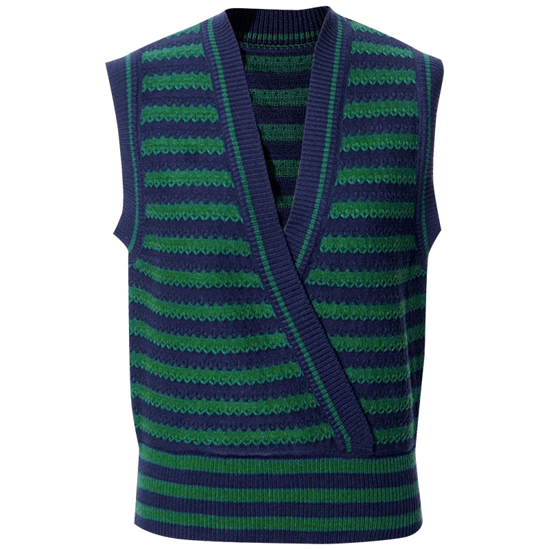 OUNIXUE欧昵雪 | [宽松V领毛衣马甲]秋冬季复古拼色条纹女士无袖上衣背心