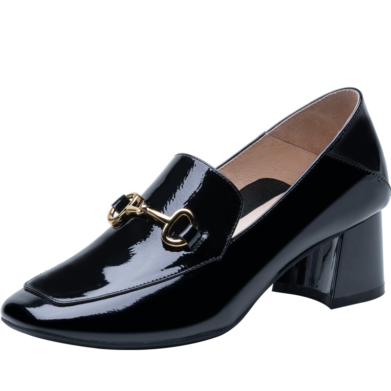 百田森春季商场同款乐福鞋女2021新款真皮方头英伦粗跟单鞋女