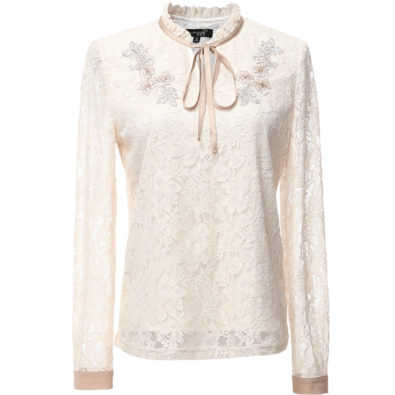 欧昵雪秋装立领系带蝴蝶结绣花镂空蕾丝衫女长袖套头上衣