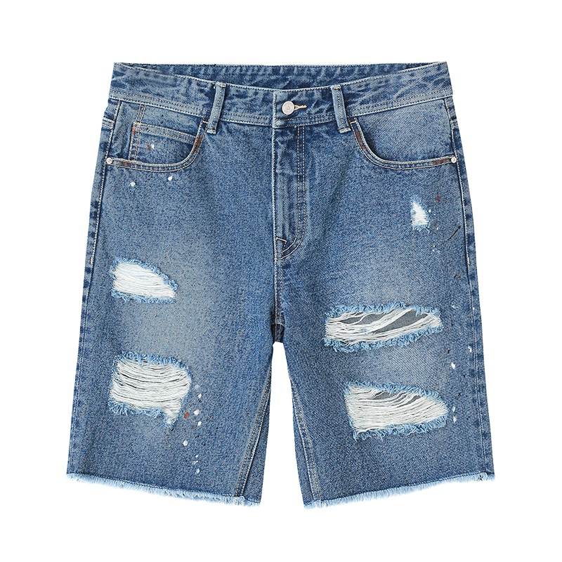 马克华菲外穿夏潮流破洞直筒宽松蓝色休闲运动牛仔短裤男