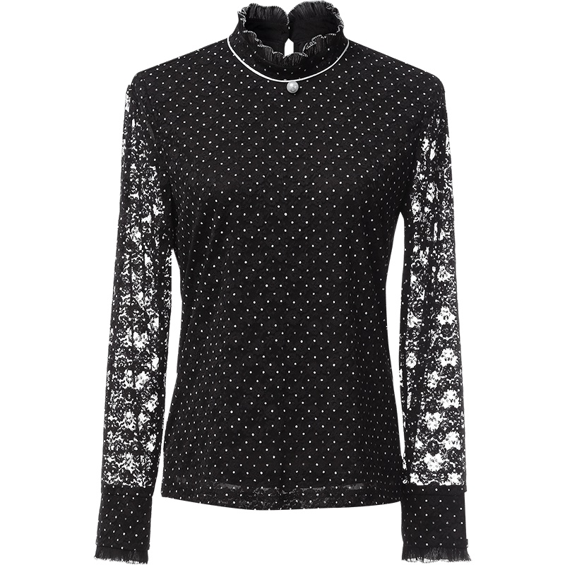 欧昵雪秋装套头立领雪纺拼接镂空长袖波点蕾丝衫女上衣
