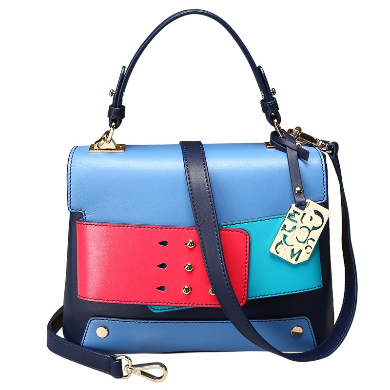 COMICO女款深蓝色几何拼接艺术单肩斜挎手提包C5891