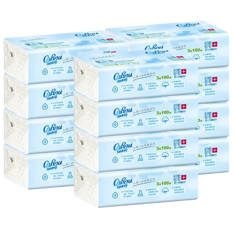 可心柔(COROU) V9婴儿保湿柔纸巾100抽12包 湿水不易破宝宝纸巾面巾纸 V9153-12