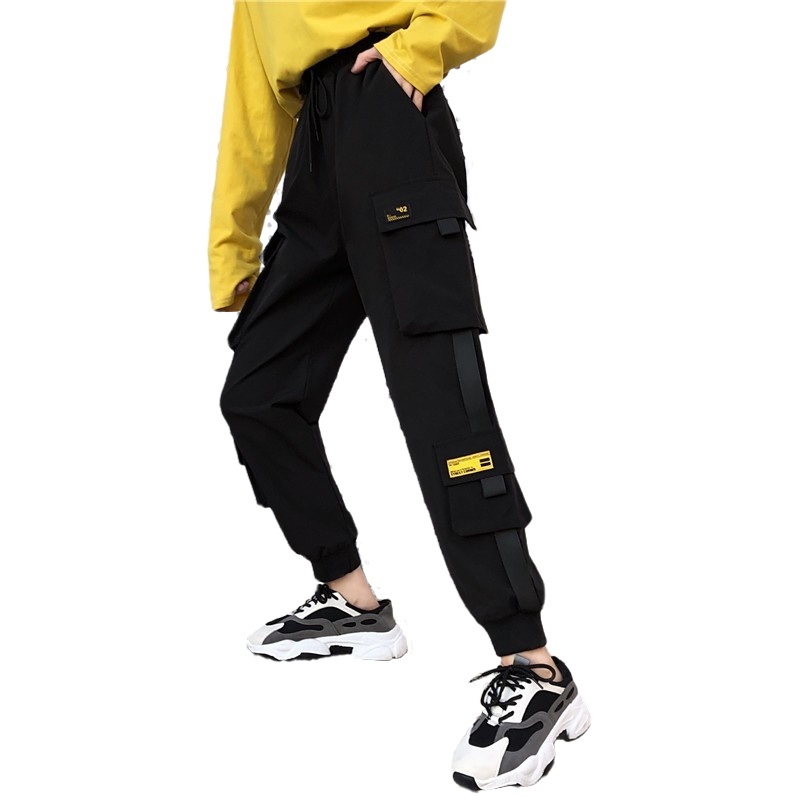 茜靓,CHYLLIRN黑色工装裤女宽松bf春季显瘦高腰百搭休闲嘻哈潮ins束脚运动裤女