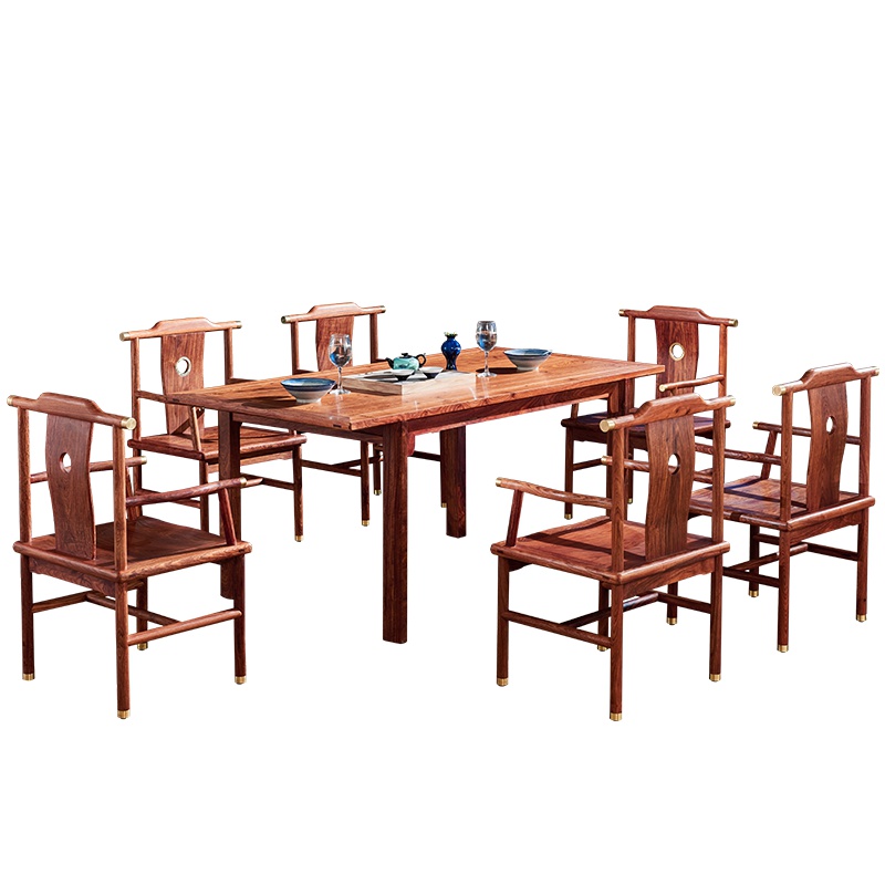 周家庄 红木家具非洲花梨(学名:刺猬紫檀)餐桌 实木餐桌 长方形餐台 新中式东方经典饭桌椅组合