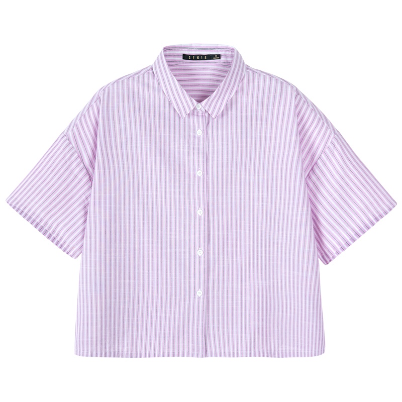 Semir森马短袖衬衫女2019夏季新款条纹翻领宽松短款学生小清新衬衣