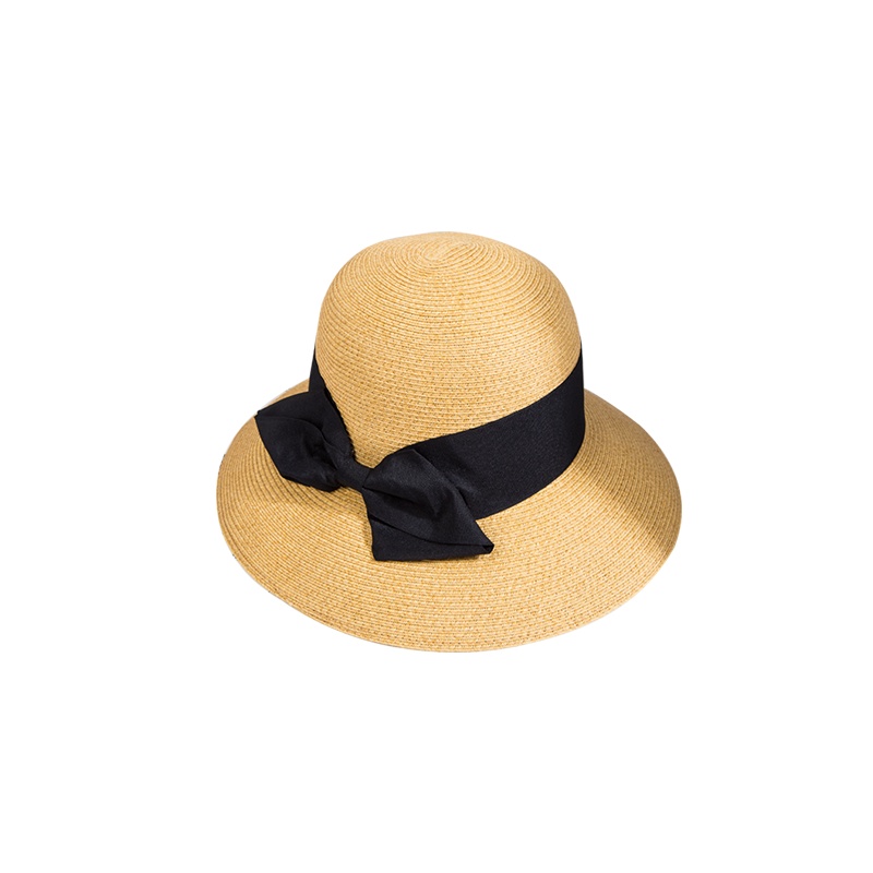 撞色蝶结可折叠防晒超细草帽防紫外线沙滩帽户外出游