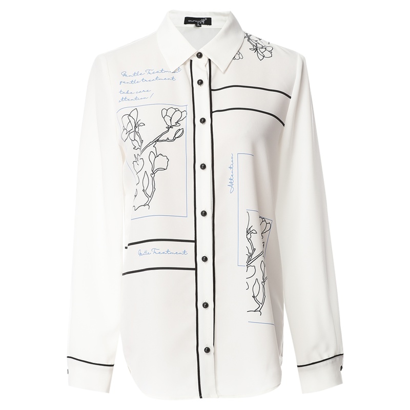 欧昵雪小清新拼接撞色长袖字母印花衬衫女上衣