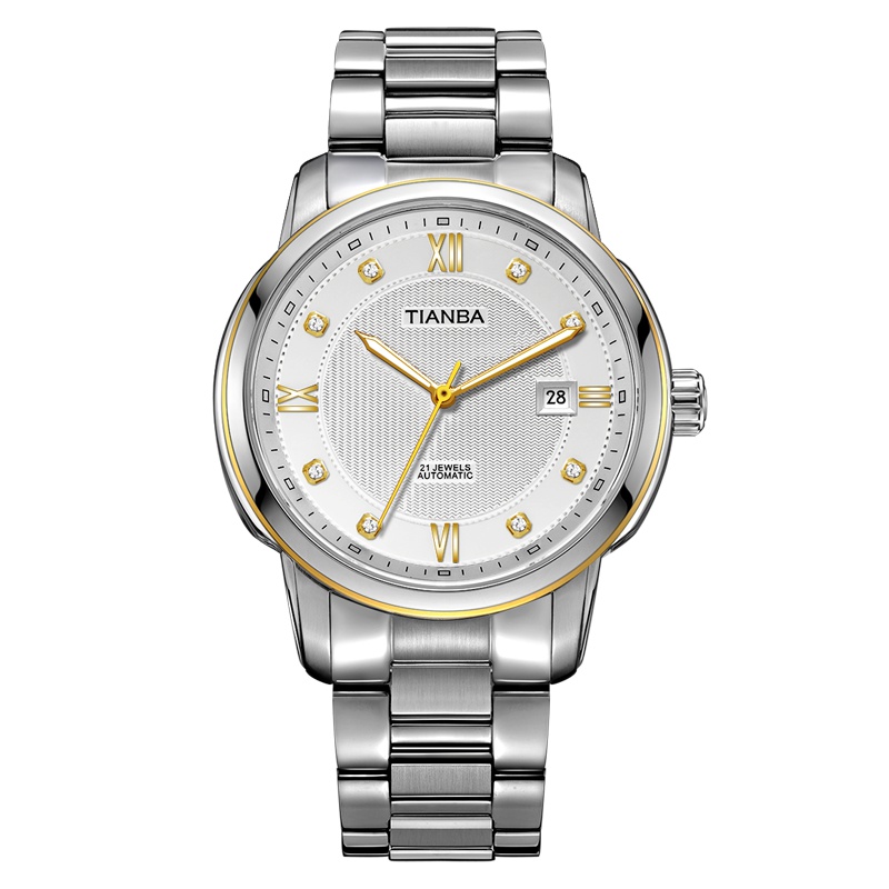 天霸(TIANBA)手表 大气商务男士手表 钢带自动机械男表 专柜同款 白面金钉 TM6009.12SS