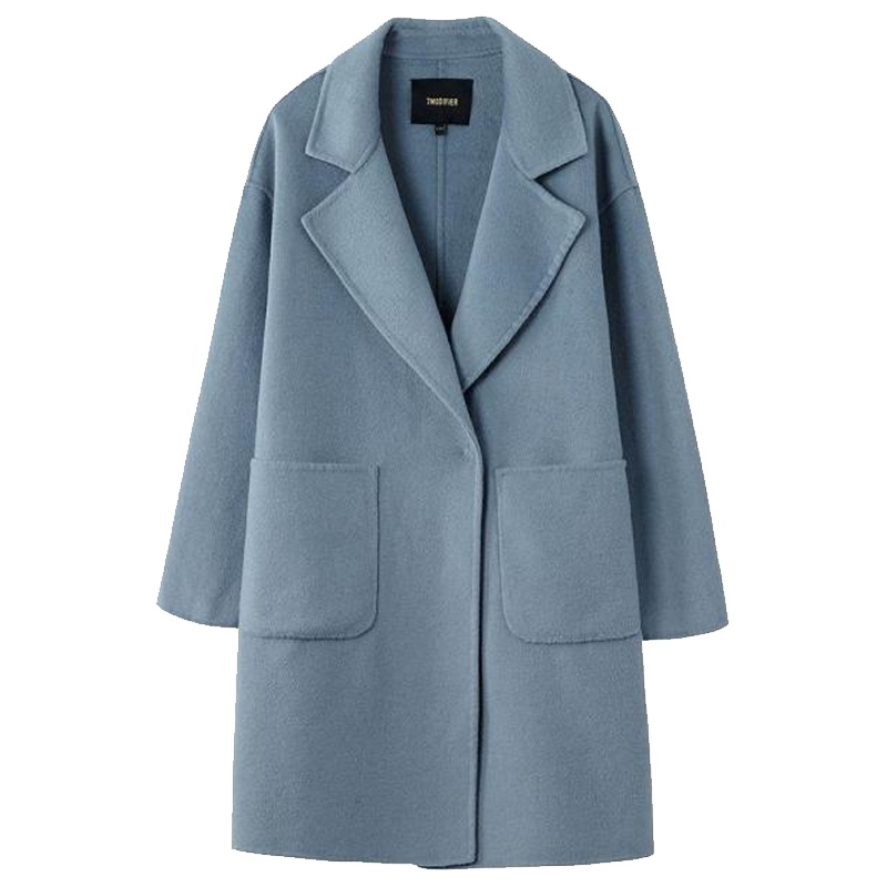 N【专柜同款】韩版高腰纯色双面呢女冬季长袖中长款西装领毛呢大衣70011069