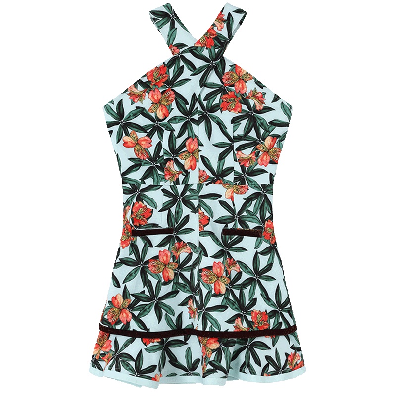 马克华菲女装2018夏新款交叉领挂脖碎花连衣裙荷叶边露肩短裙