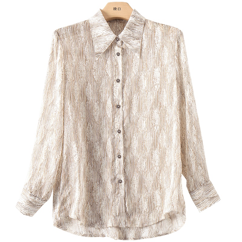 晚白2020冬季新品通勤简约印花翻领长袖休闲百搭常规衬衫衬衣女