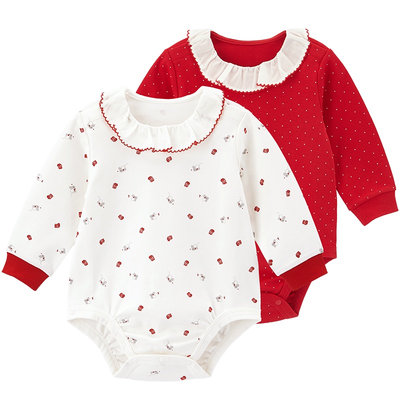 英氏婴儿连体衣女宝宝印花可爱荷叶领哈衣爬服两件2020新款秋装YLDAJ00002A01