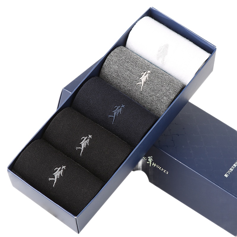 与狼共舞男袜 男士薄款棉袜 商务休闲中筒袜 五双盒装