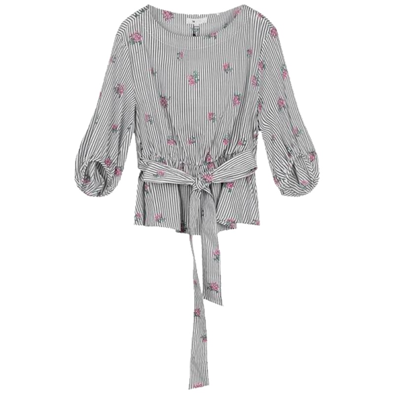 【热卖】很仙的上衣女装2019春季新款韩版印花条纹蝴蝶结学生收腰洋气衬衫70009851