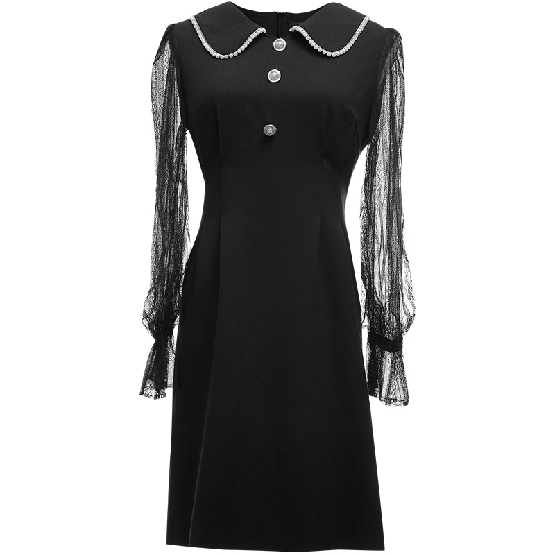 欧昵雪名媛娃娃领拼接网纱长袖收腰连衣裙女显瘦中裙