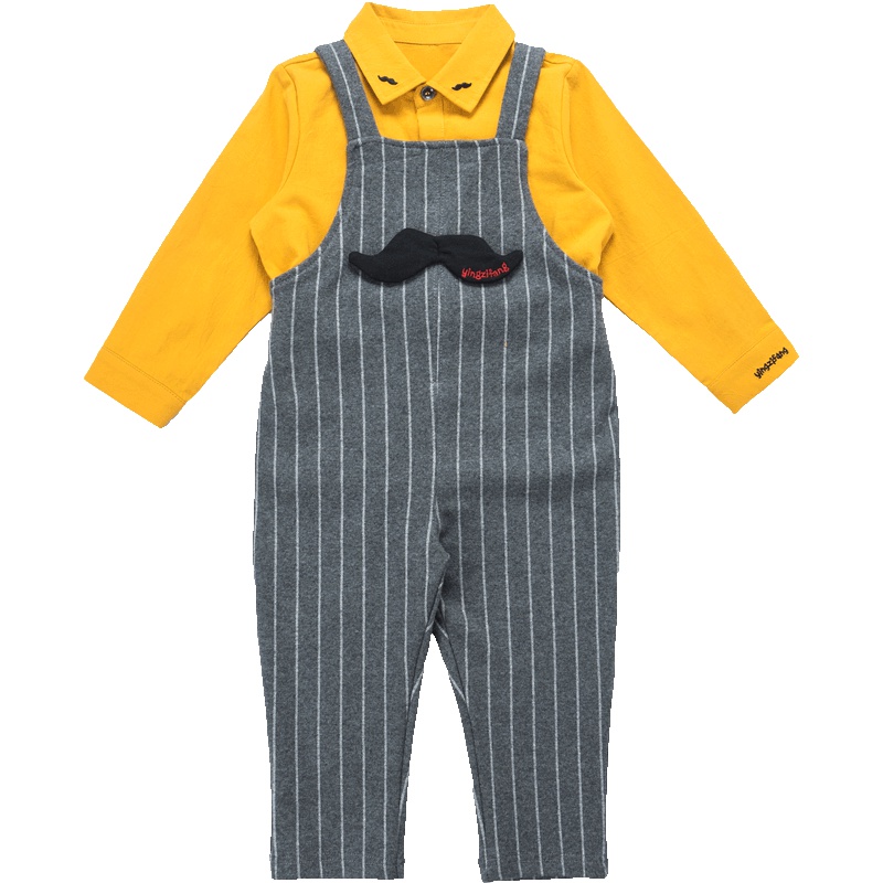 婴姿坊春秋男童男宝宝儿童衬衫背带裤条纹背带裤两件套