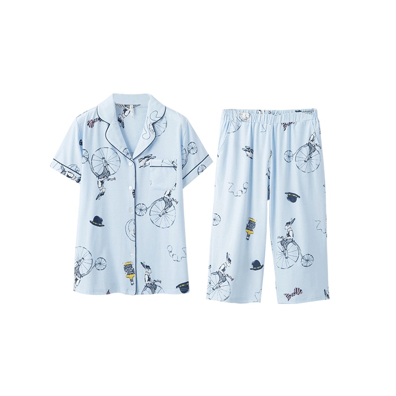 安之伴棉质弹力针织印花国民领短袖女套装82K7208