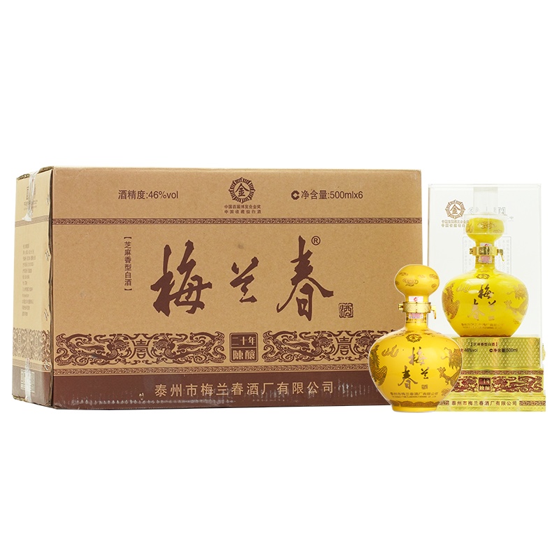 梅兰春 金系列46度黄金龙 芝麻香型 白酒 500ml 6瓶整箱装 20年陈酿 京剧大师梅兰故乡美酒[新旧包装随机发]