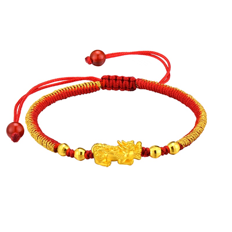 蒂蔻 貔貅黄金手链男女款本命年足金圆珠编织红绳3D硬金手饰自戴新年生日礼物