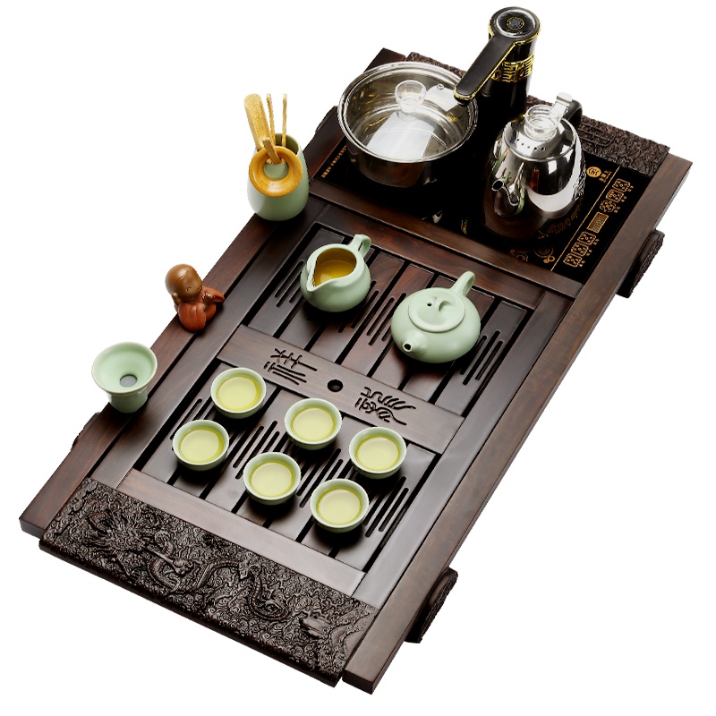 金镶玉 茶具套装 檀木实木茶盘 仿宋汝窑开片 茶壶茶杯功夫茶具套组 自动上水电热炉 黑檀祥龙汝窑套组