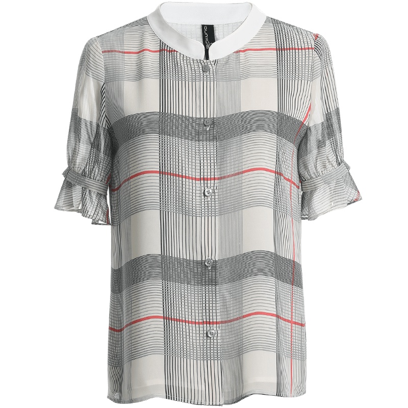 欧昵雪 夏雪纺衫衬衫女短袖OL立领衬衣喇叭袖格子上衣X