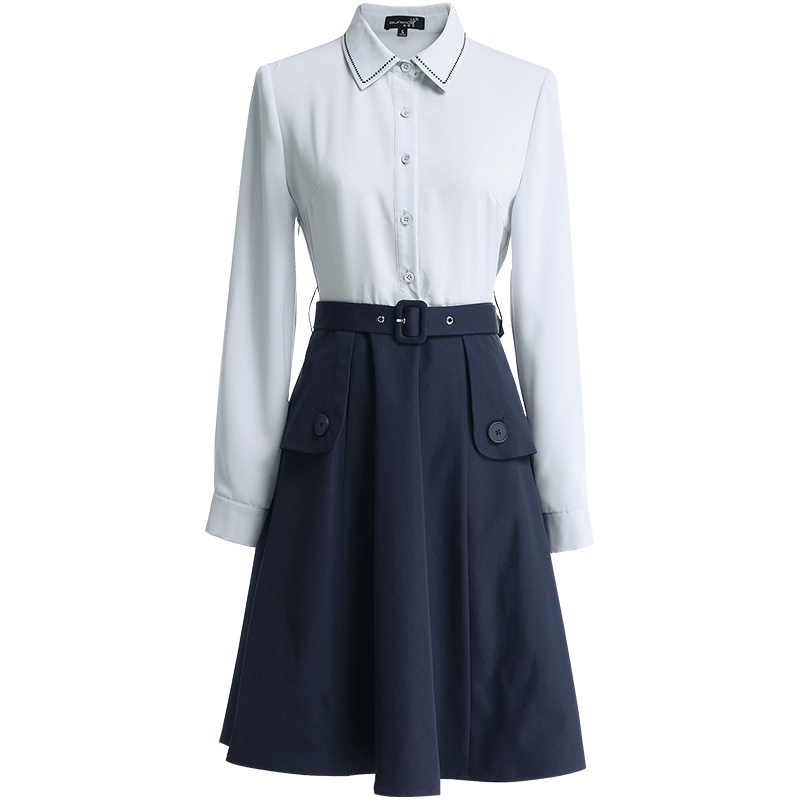 欧昵雪秋装Polo领修身拼接假两件系带高腰连衣裙女A字裙