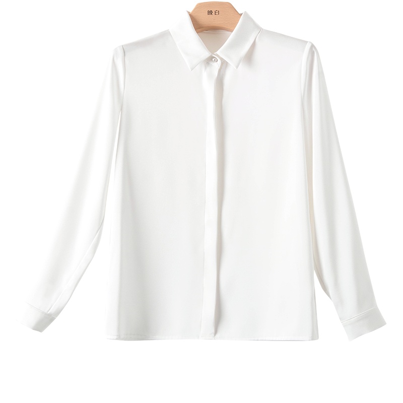 晚白2021春季新品简约纯色翻领长袖百搭通勤常规套头衬衫衬衣女
