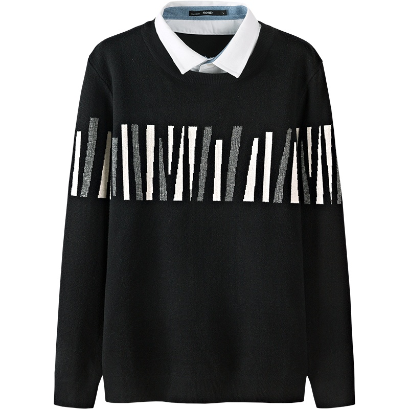 Semir森马毛衫男2019冬季假两件学院风毛衣翻领衬衫上衣时尚提花