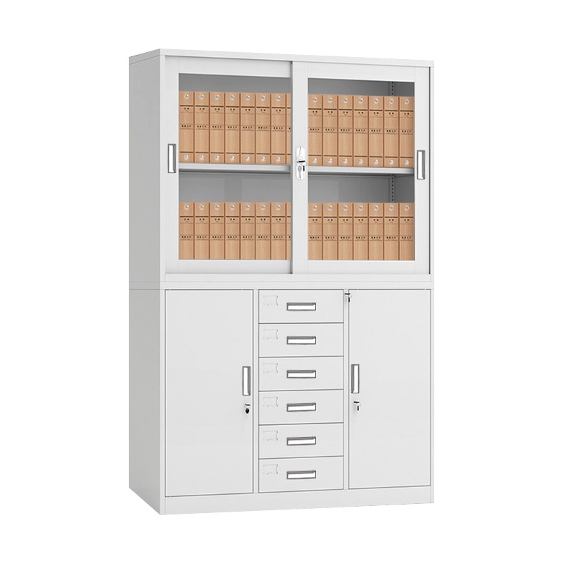 汉诺鑫威钢制文件柜铁皮档案凭证柜办公财务资料柜中六斗上玻璃移门柜