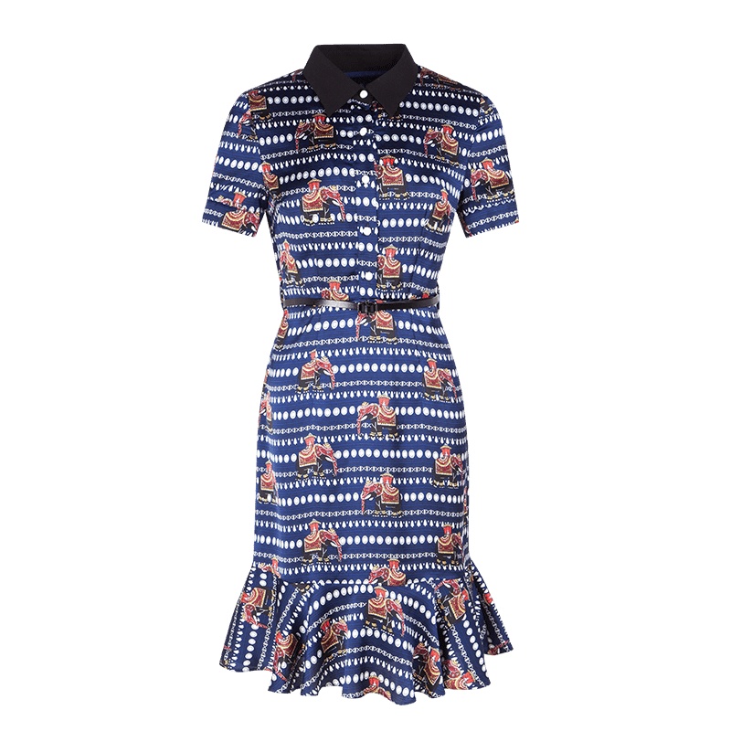 晩白 新品复古印花收腰显瘦包臀中长款鱼尾摆短袖连衣裙