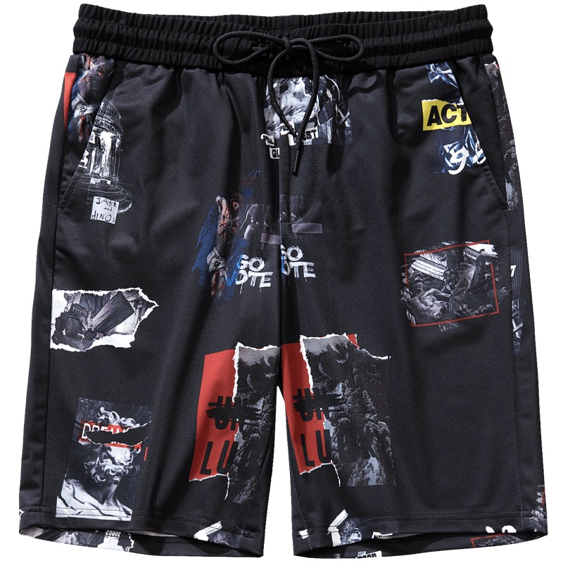 千纸鹤男生短裤韩版潮流男薄弹性休闲青年五分裤印花休闲裤90158