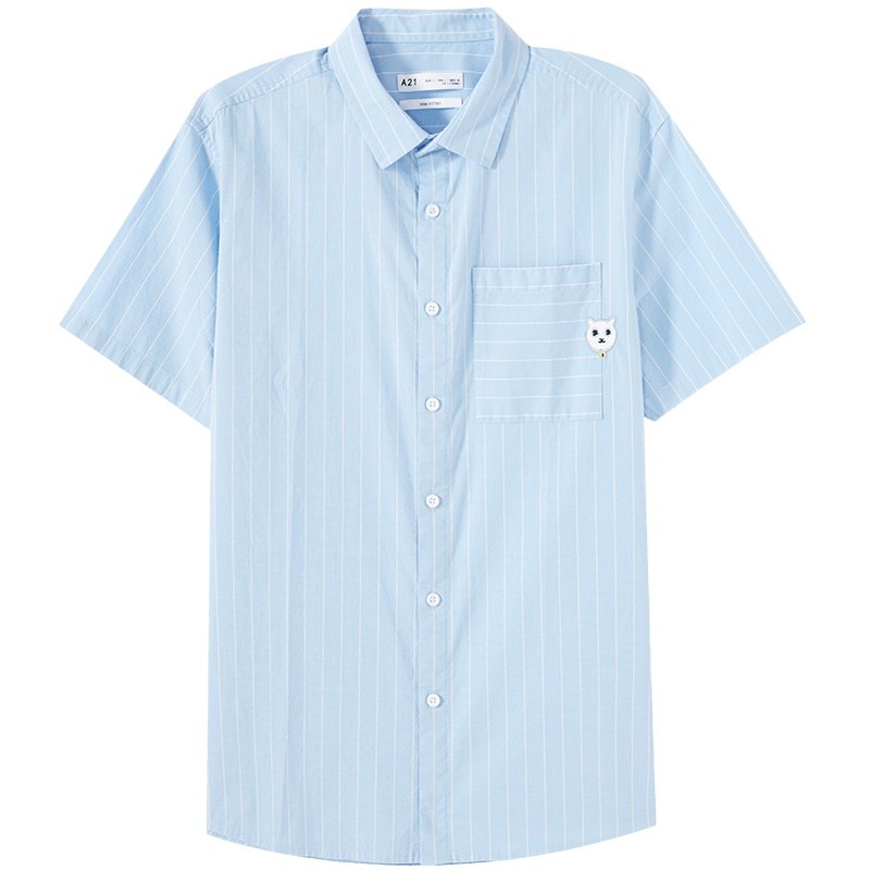 A21夏季2020新款男装休闲竖条纹衬衣男士短袖上衣刺绣男衬衫港风