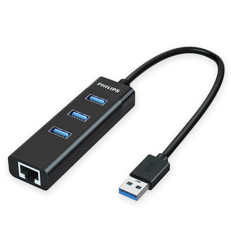 飞利浦 PHILIPS usb3.0分线器带百兆转网口高速拓展HUB有线网卡转换器适用小米盒子苹果笔记本通用黑