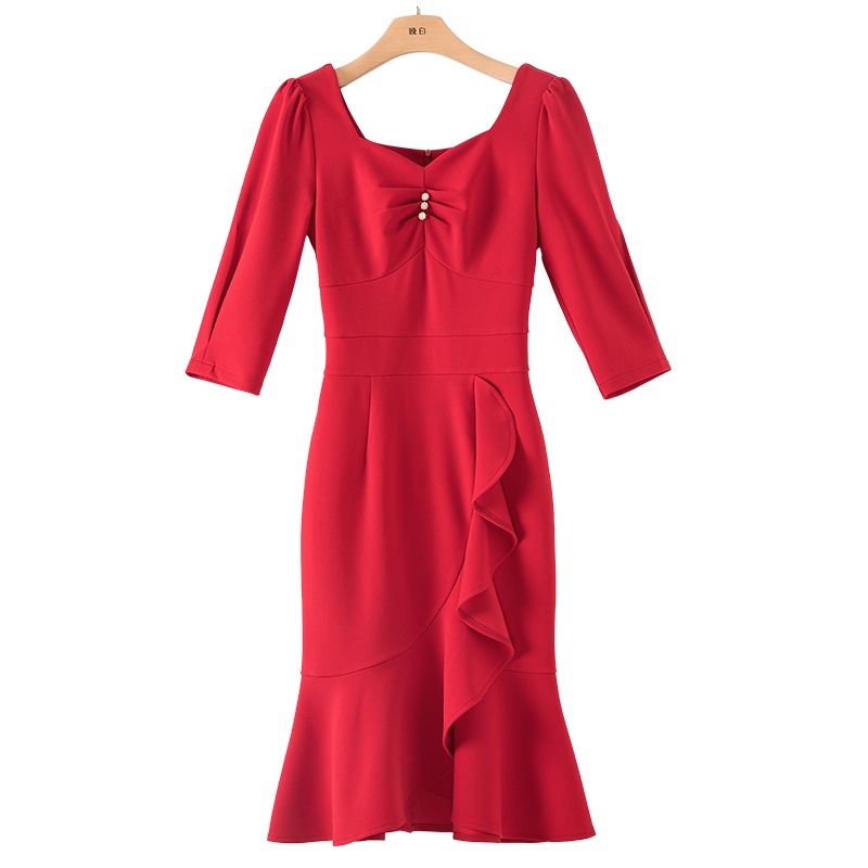 晚白2021春季新品时尚百搭修身显瘦纯色高腰包臀鱼尾裙连衣裙女