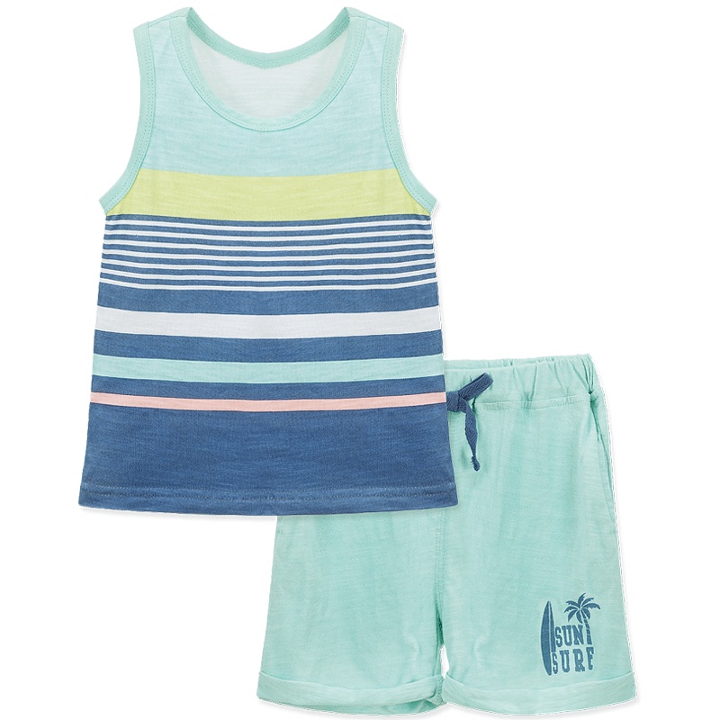 男童夏季背心圆领花色条纹松紧短裤纯色两件套1-5岁 73-120码