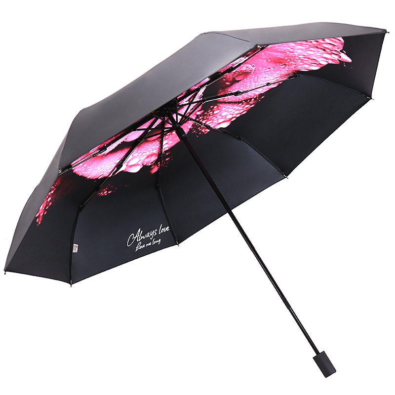 天堂伞 三折全遮光黑胶插画晴雨伞防紫外线太阳伞遮阳伞55cm*8骨 537E雨露玫瑰 紫色