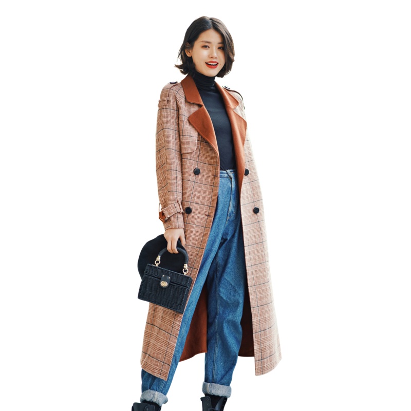 茵曼春秋冬新款复古双排扣配腰带羊毛双面呢大衣女呢子外套过膝