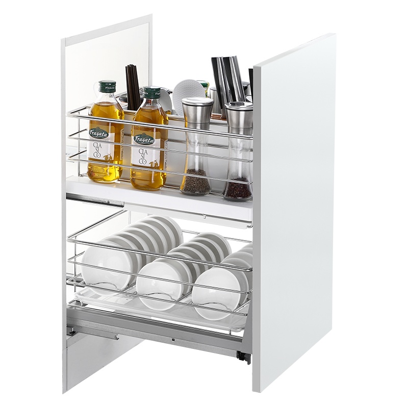 悍高橱柜拉篮抽屉式双层304不锈钢厨房收纳碗篮调味品篮内置碗架