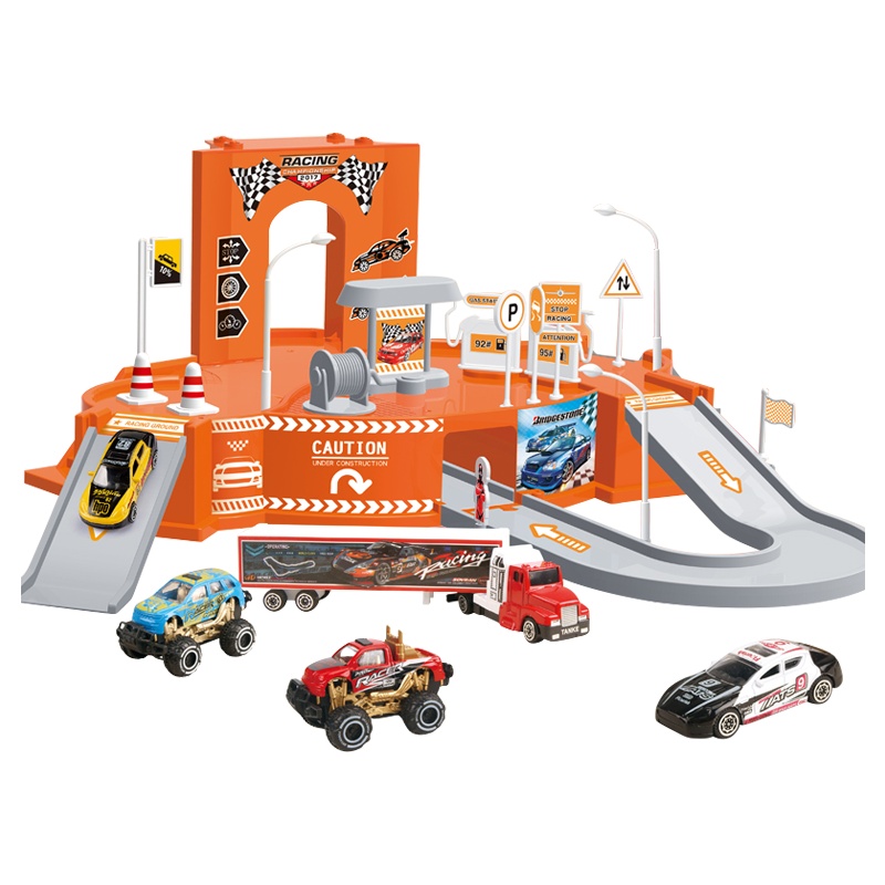 成乐美Q版停车场轨道电动套装合金车消防警察工程小火车男孩玩具(95577-16赛车系列:大号停车场四车)