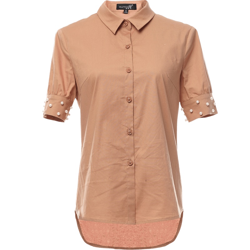 欧昵雪夏季钉珠短袖翻领衬衫女上衣韩版OL气质修身衬衣