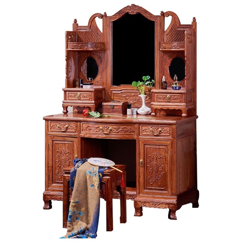 周家庄 红木家具非洲花梨(学名:刺猬紫檀)化妆台 实木化妆台 梳妆台 妆凳 新中式化妆桌