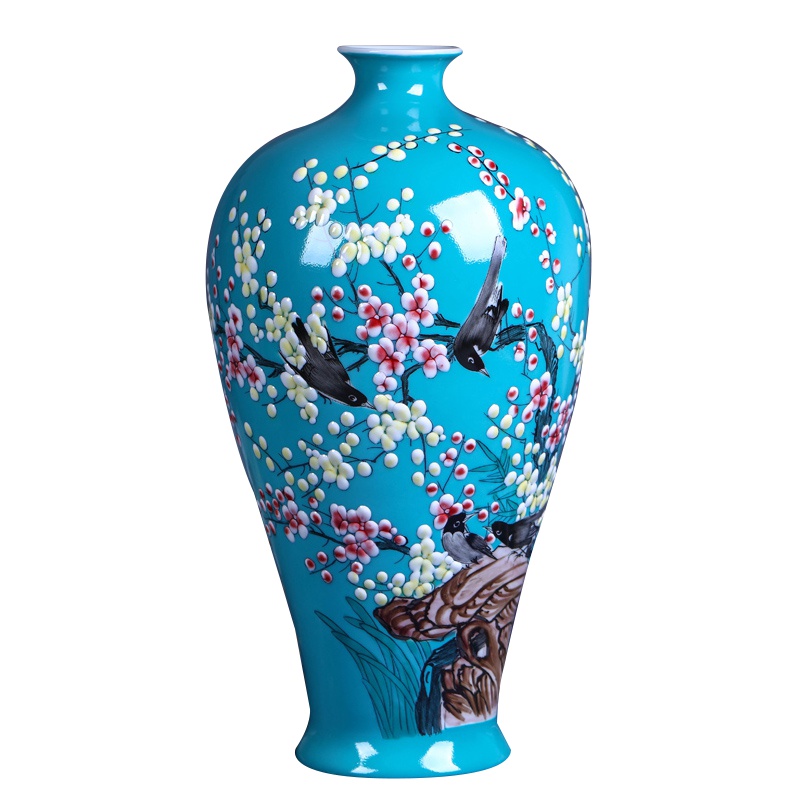 彩帮景德镇手绘陶瓷器花瓶插花中式家居客厅玄关电视柜装饰摆件礼物 天蓝梅瓶