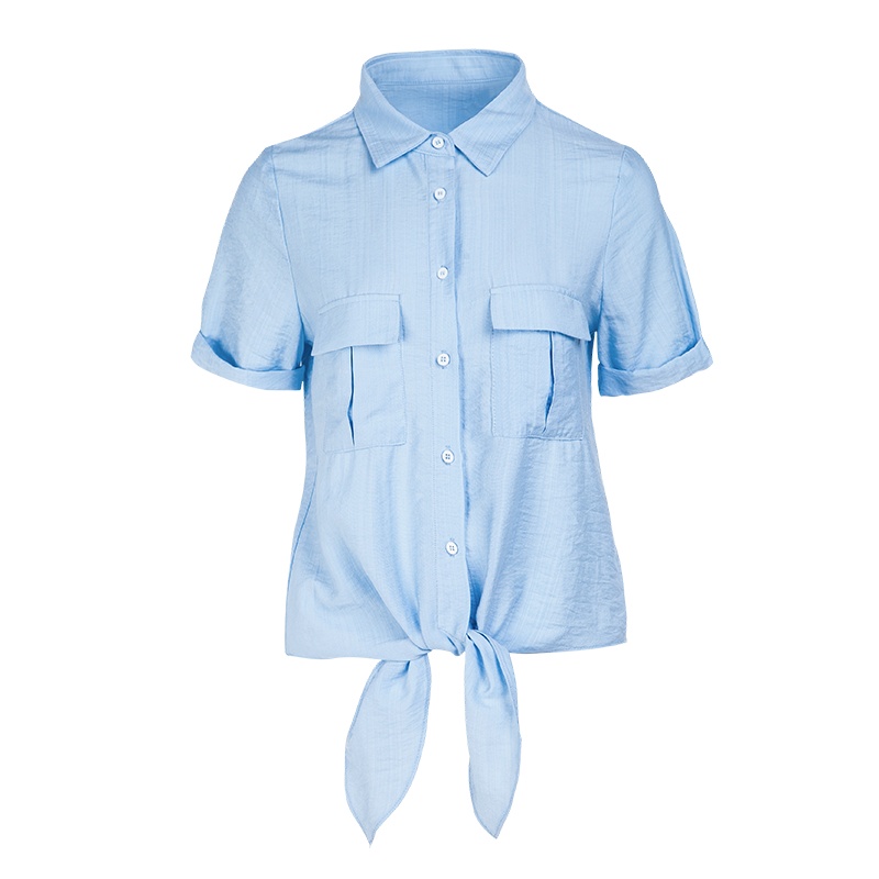 晚白新品通勤职业百搭纯色短袖POLO领单排扣上衣休闲衬衫女