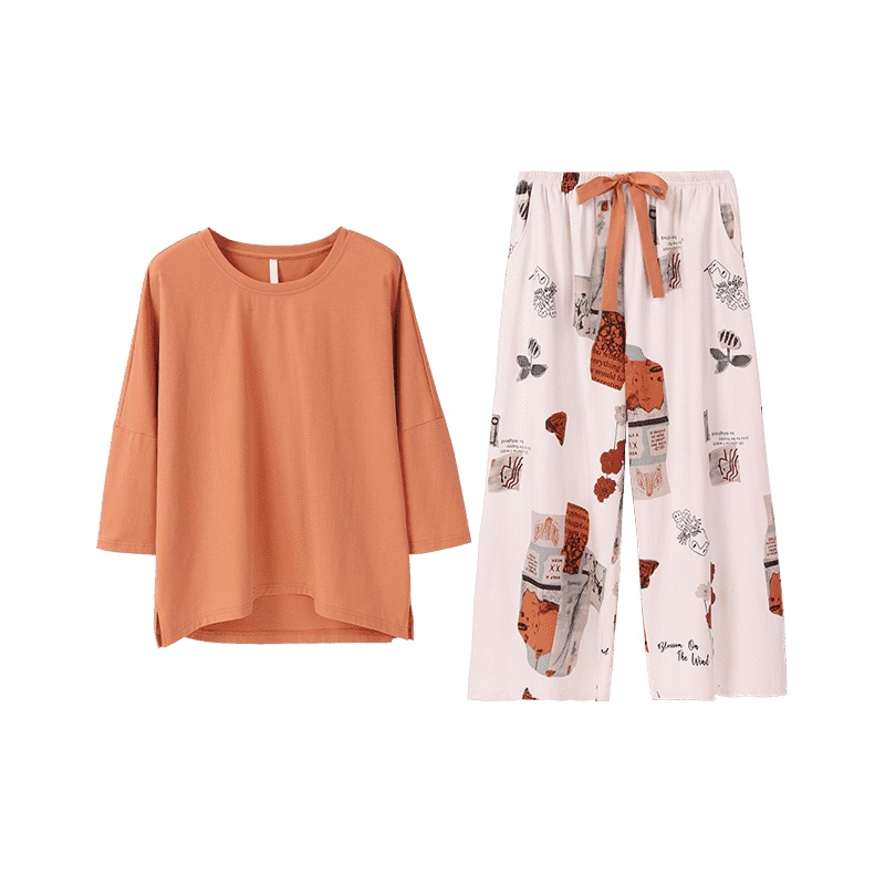 安之伴纯棉睡衣女春简约弹力针织素色八分袖女套装