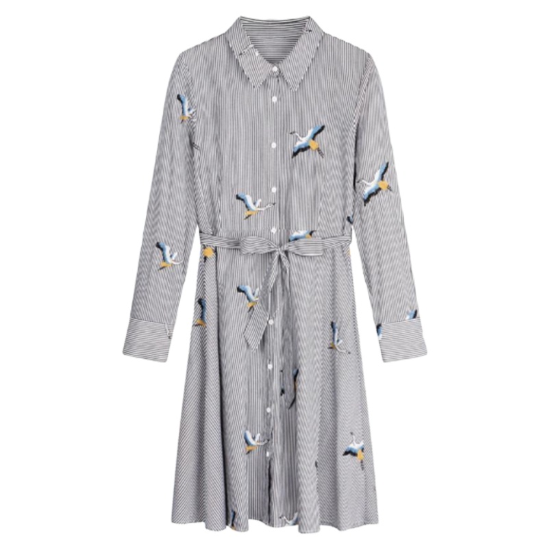 【专柜同款】条纹衬衫裙子女装小众初恋春夏季新款气质女神刺绣长袖显瘦连衣裙20011681