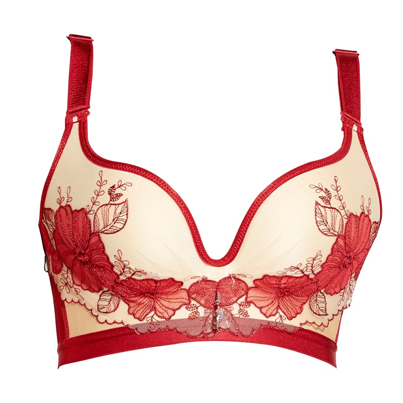 曲慕QuMu 聚拢无钢圈刺绣文胸调整型上托侧收胸罩蕾丝边性感内衣QM7611