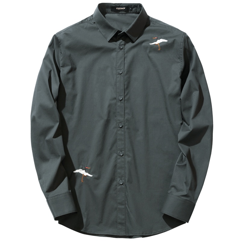 千纸鹤男士绣花休闲衬衫2019秋季商务休闲仙鹤长袖衬衣潮男10131